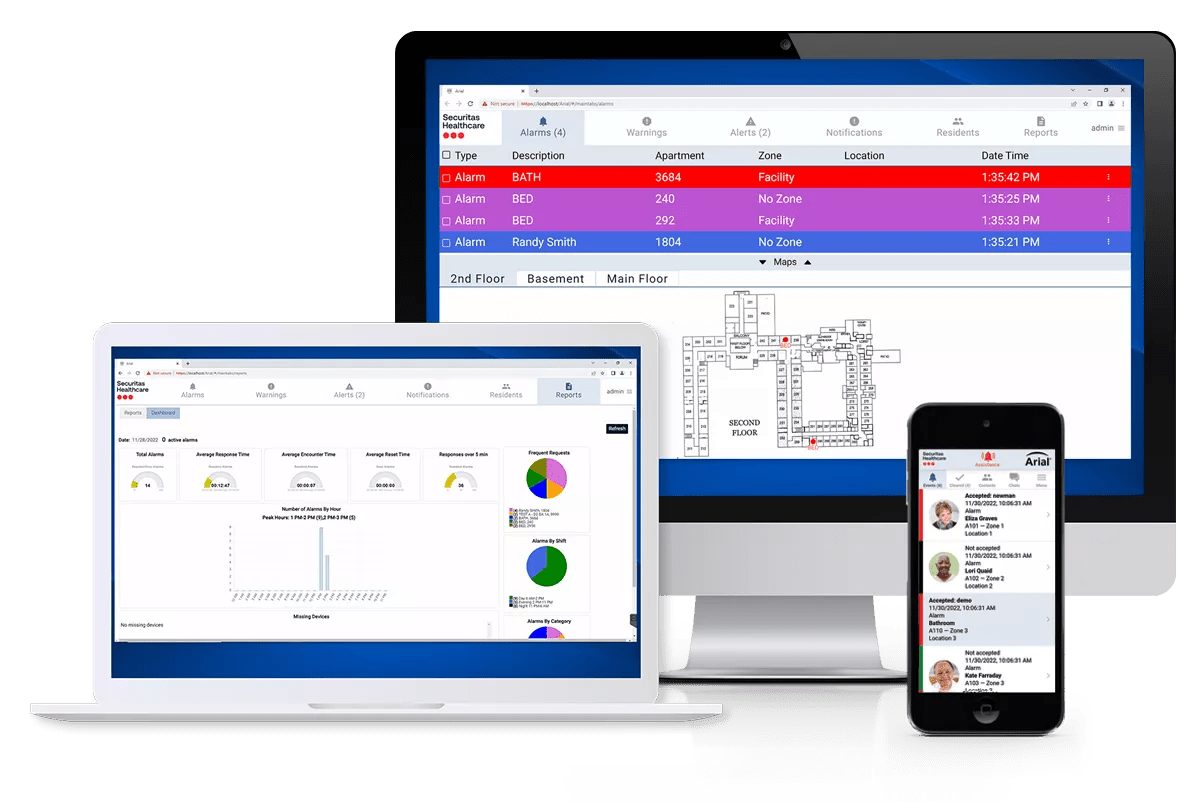Securitas Healthcare's Arial emergency and nurse call solution interfaces on desktop computer, laptop and Arial mobile app