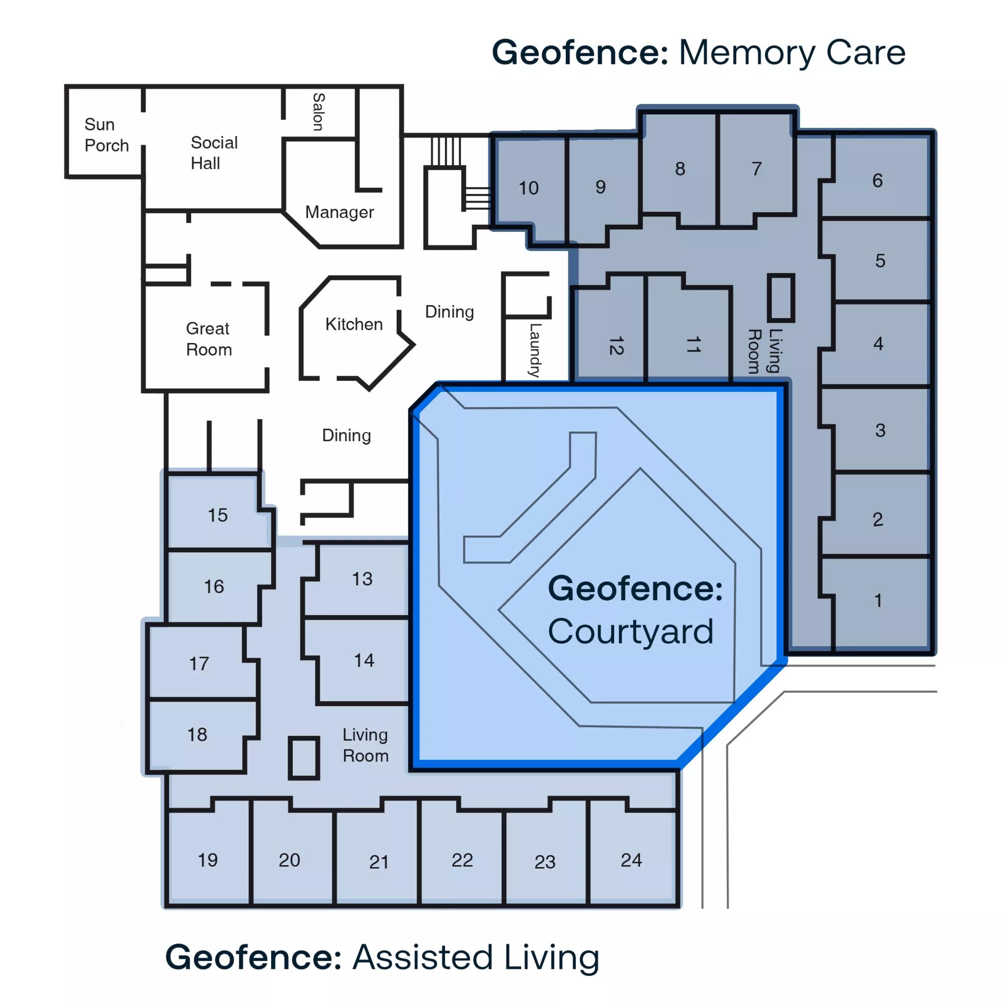 Example of geofencing in a Senior Living community with Securitas Healthcare's WanderGuard BLUE wander management solution