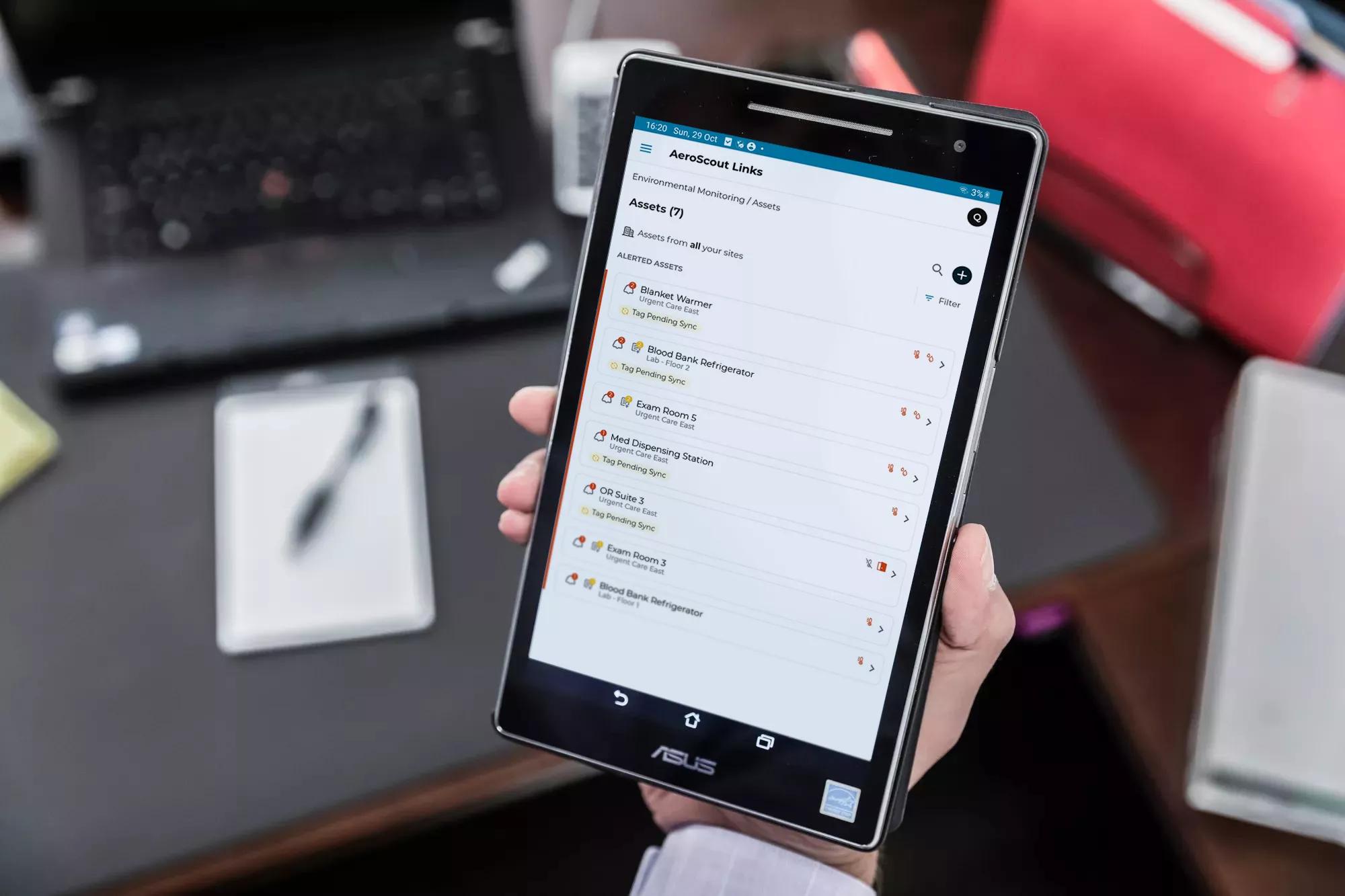 Links environmental monitoring mobile application viewed on a tablet screen. Securitas Healthcare.