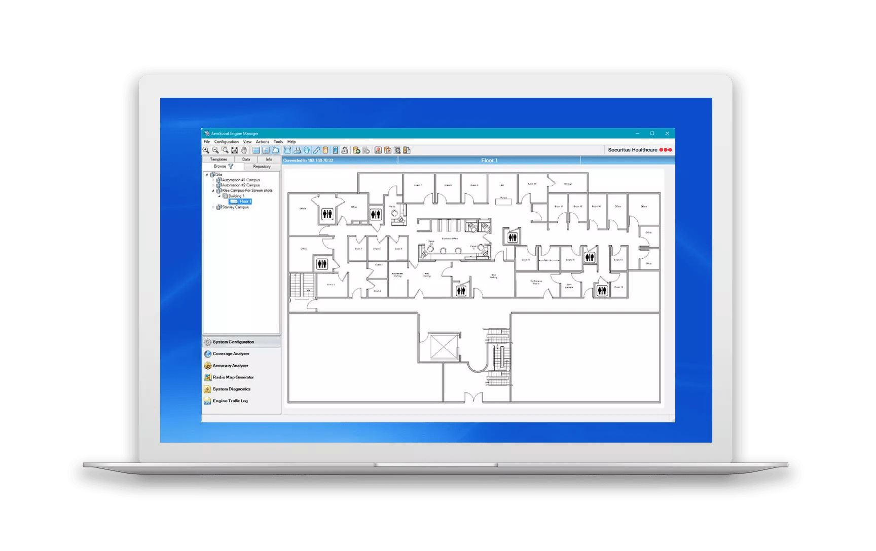 Securitas Healthcare's Location Engine for RTLS solutions displayed on a laptop