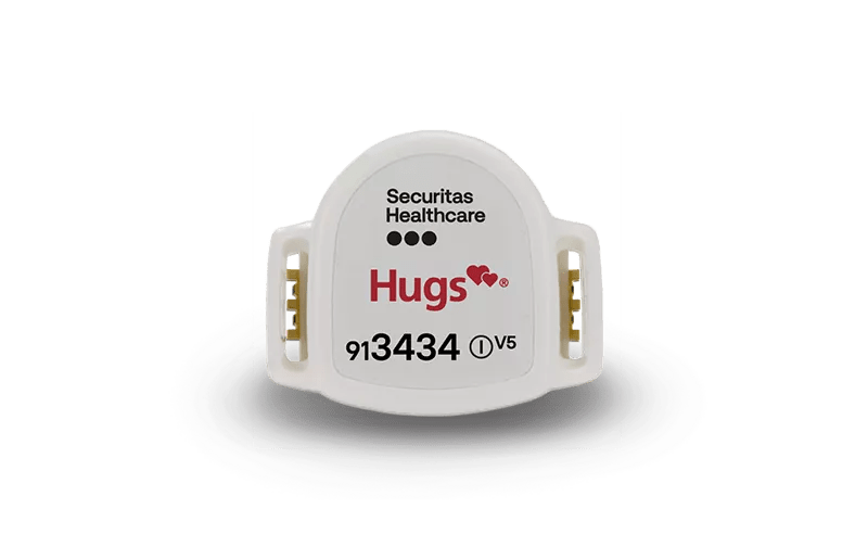 Front view of the Hugs infant protection badge by Securitas Healthcare.