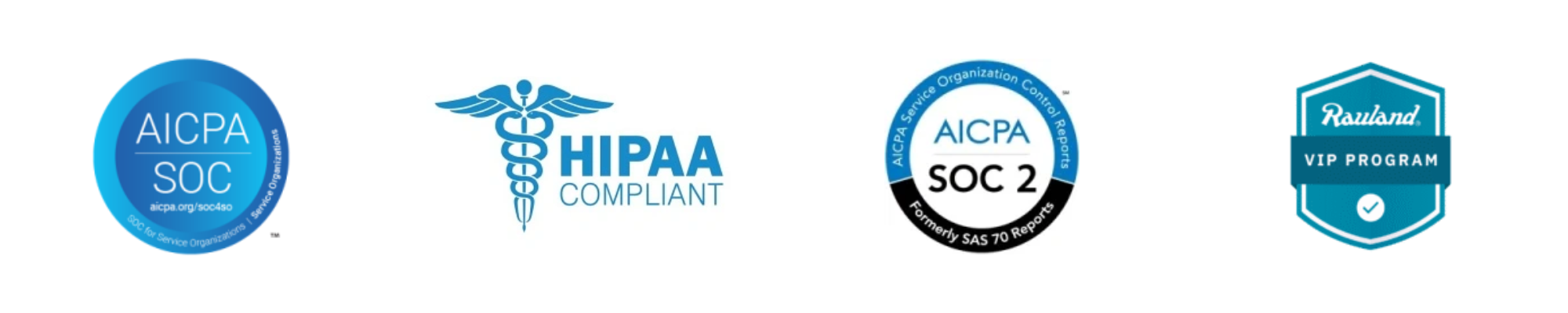 Four logos depicting AICPA SOC, HIPAA Compliant, AICPA SOC 2, and Rauland VIP Program