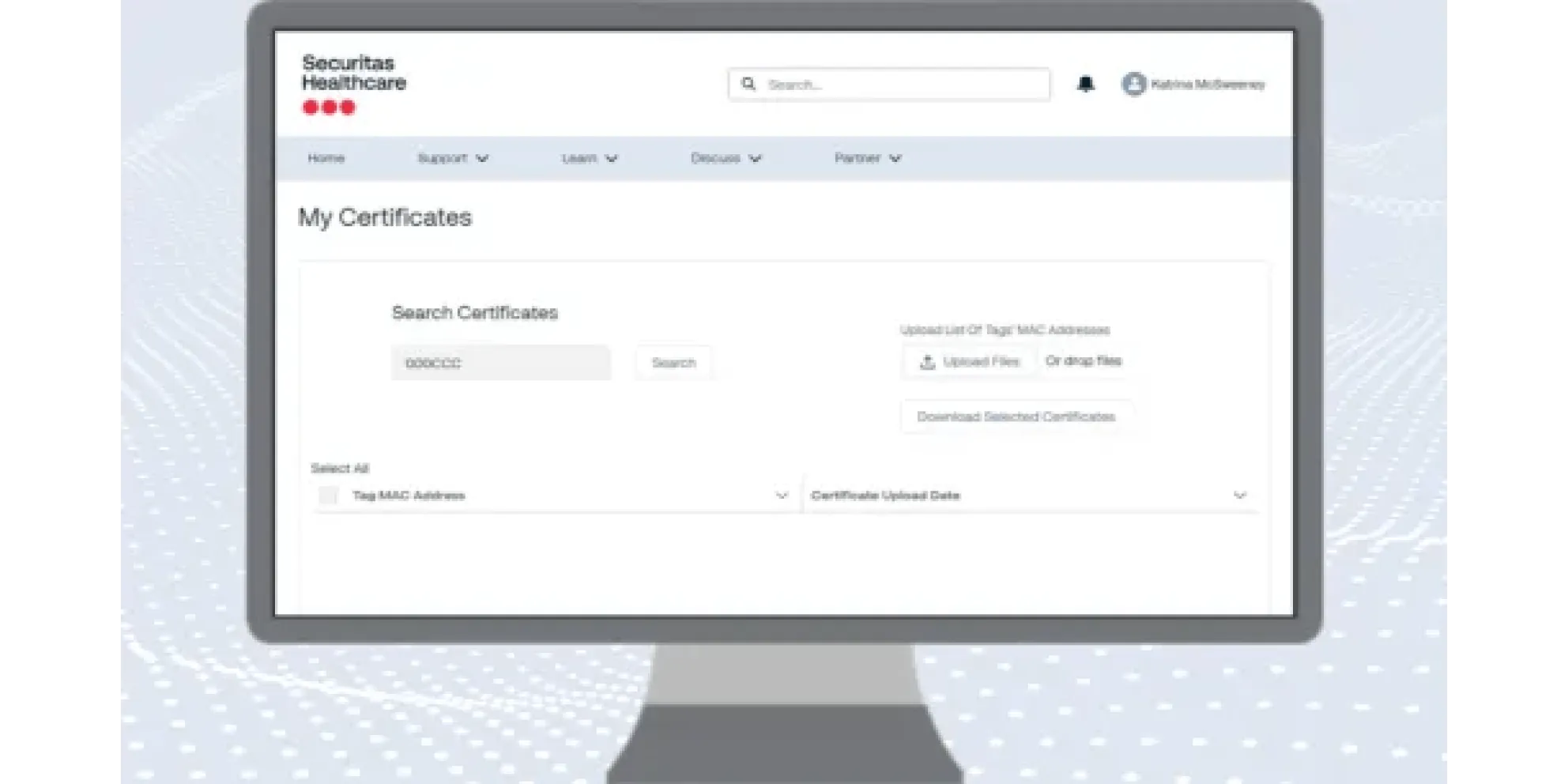 Computer screen displaying Securitas Healthcare Certificate Portal against blue background