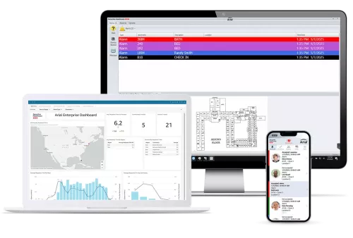 Securitas Healthcare's Arial emergency and nurse call solution interfaces on desktop computer, laptop and Arial mobile app