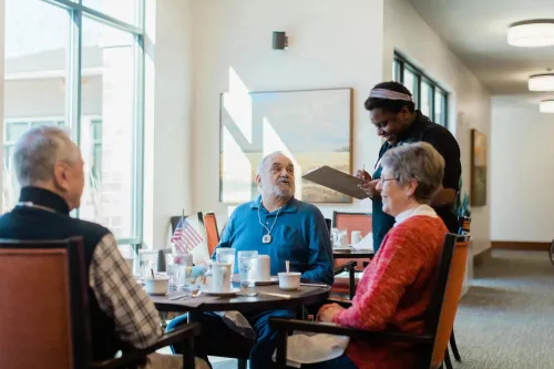 Senior living community residents ordering at mealtime. Securitas Healthcare Arial emergency and nurse call.