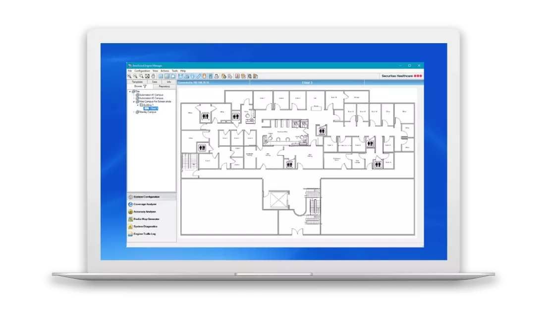 Securitas Healthcare's Location Engine for RTLS solutions displayed on a laptop