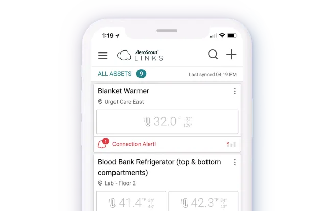Close-up of the AeroScout Links Mobile Application on a phone