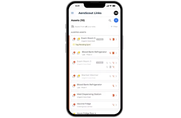 AeroScout Links mobile application for environmental monitoring shown on iPhone screen. Securitas Healthcare.
