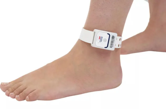 The T2sp Patient Protection band worn on patient's ankle. Securitas Healthcare.