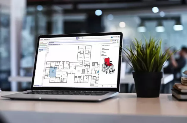 A laptop view of MobileView hospital asset management tracking on screen. 