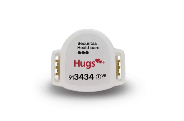 Front view of the Hugs infant protection badge by Securitas Healthcare.
