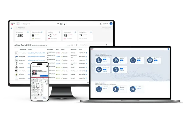 Securitas Healthcare MobileView RTLS software for hospitals on desktop, laptop and mobile devices
