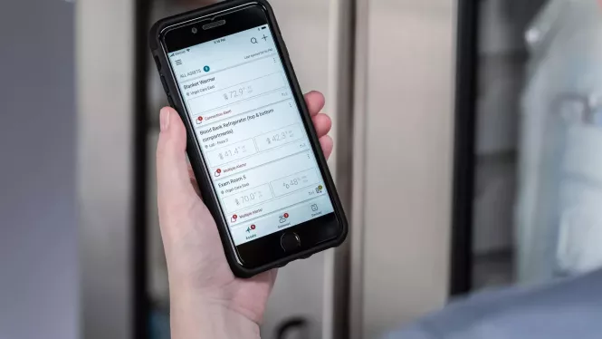 Links environmental monitoring mobile application viewed on a mobile device in a pharmacy environment. Securitas Healthcare.