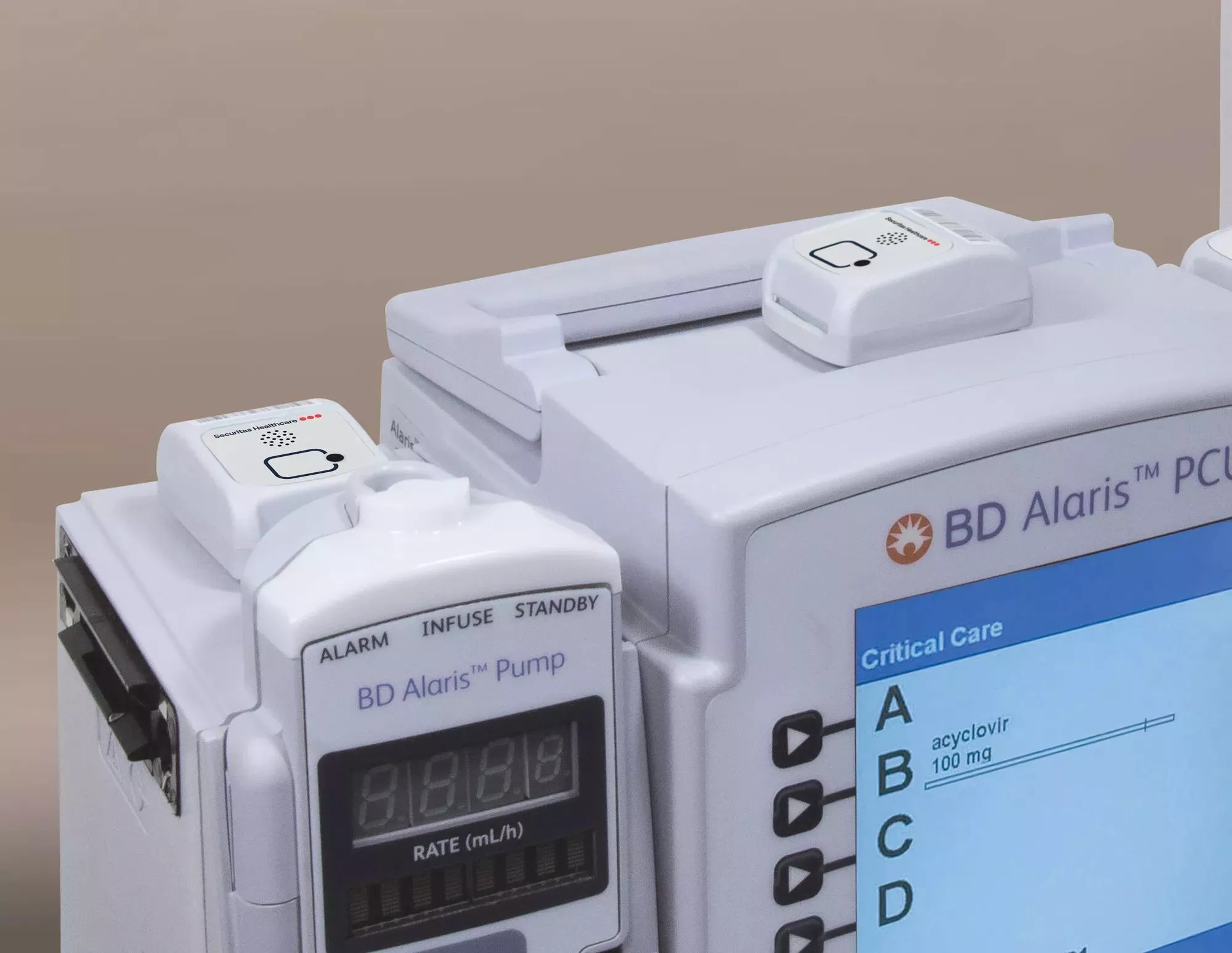 Securitas Healthcare's Asset tracking attached to a BD Alaris infusion pump