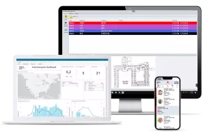 Securitas Healthcare's Arial emergency and nurse call solution interfaces on desktop computer, laptop and Arial mobile app