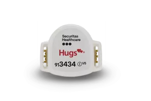 Front view of the Hugs infant protection badge by Securitas Healthcare.