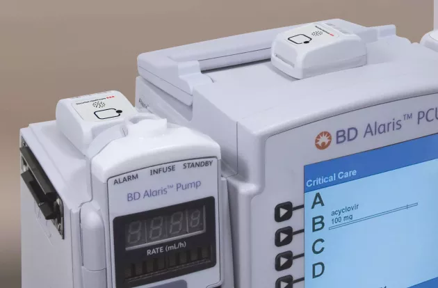 Securitas Healthcare's Asset tracking attached to a BD Alaris infusion pump