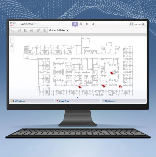 Securitas Healthcare MobileView software, showing a Hugs Infant Protection hospital map of mothers and babies